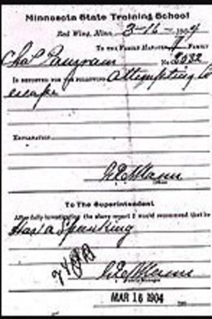 A sample of one of Carl Panzram's punishment slips that he received at the Minnesota State Training School