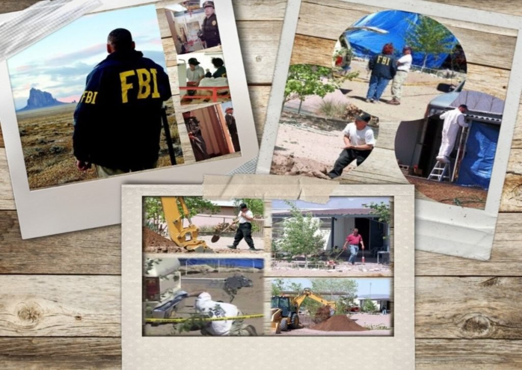 Photos of the FBI and forensic teams searching Ray's property for evidence and human remains.