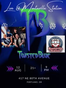 Twisted Blue logo in the center - photo of band to the left of the logo - logo of venue to the right - event details underneath