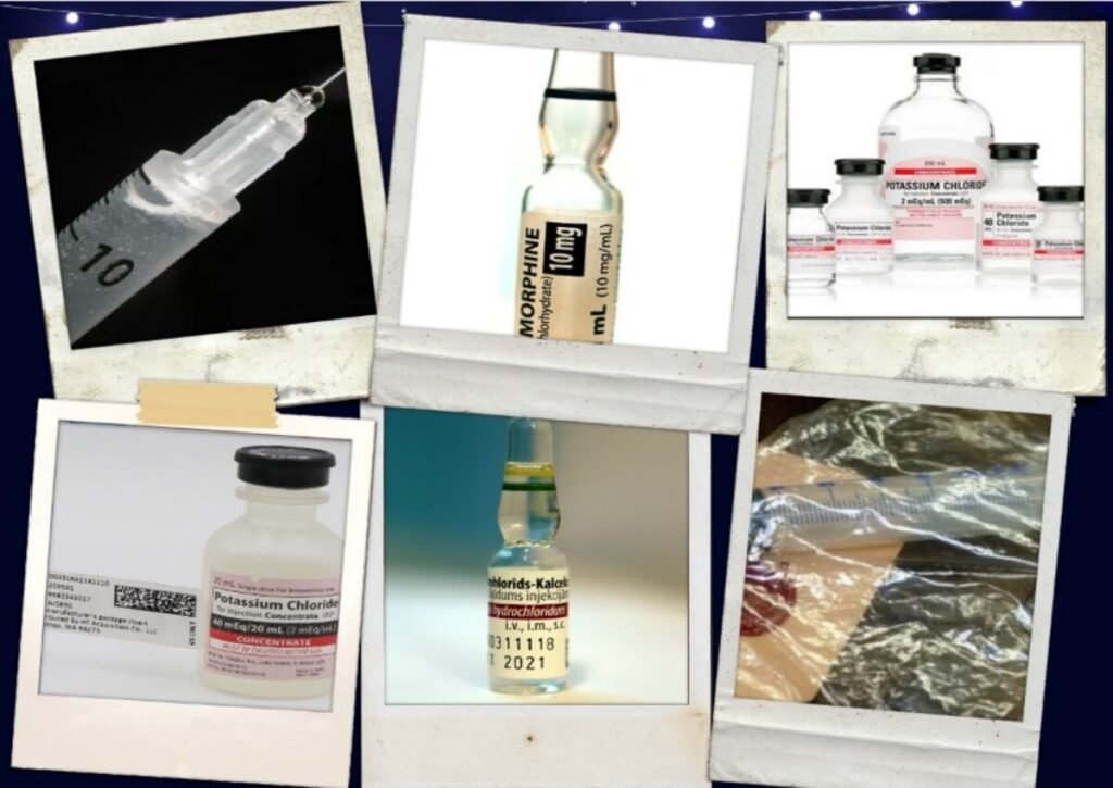 Images of morphine, potassium chloride, and syringes similar to the items used by Christine Malevre to kill her patients.