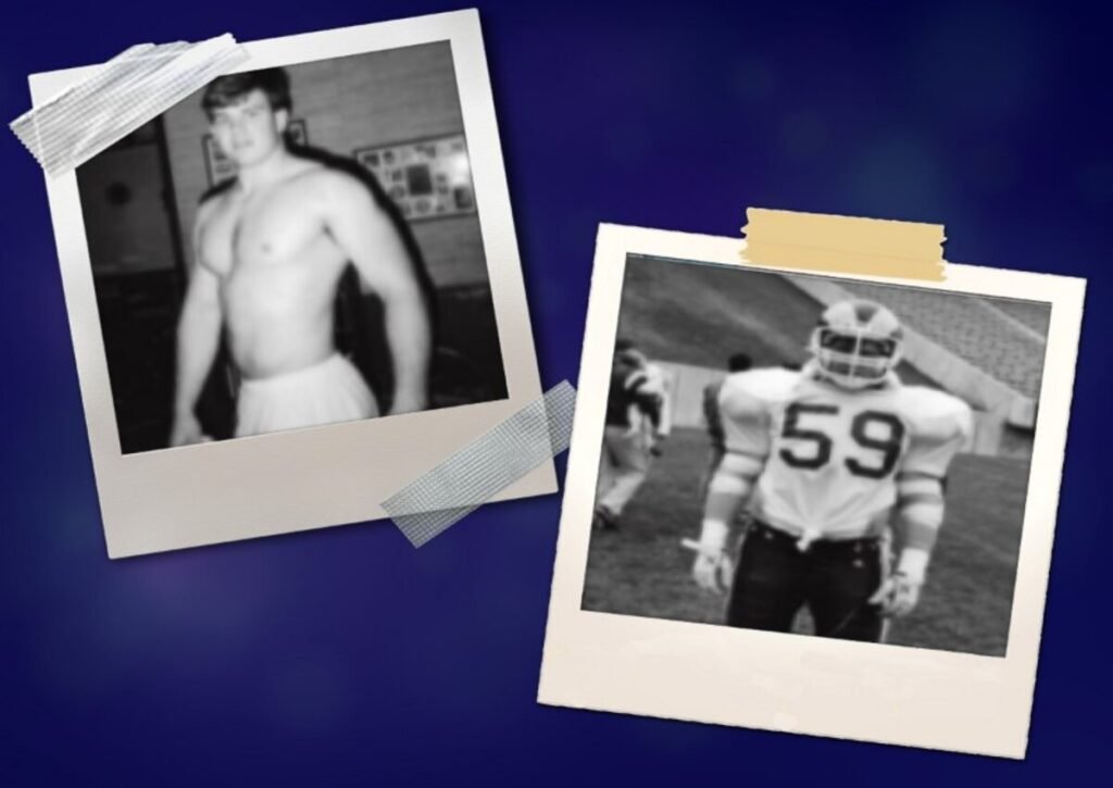 Images of Christopher Duntsch when he was in college. (left-right) Duntsch shirtless flexing his chest muscles. Duntsch in his college football uniform on the field.