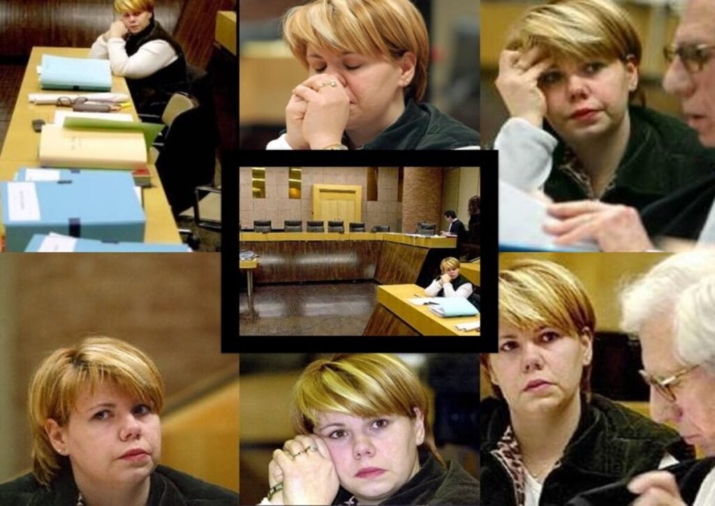 Various images of Christine Malevre in the courtroom.