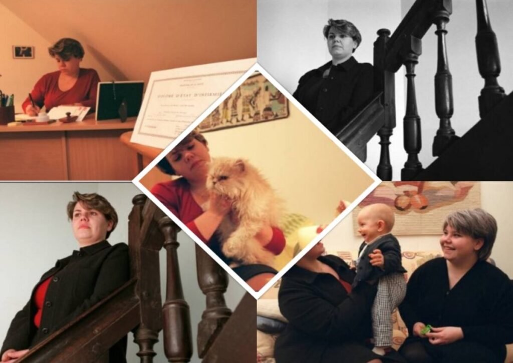 Various images of Christine Malevre at home. Writing at her desk, standing on the staircase, holding a cat, and playing with a baby.