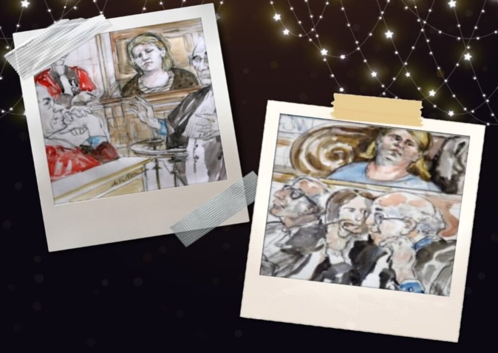 Images of courtroom sketches created during the trial of Christine Malevre.